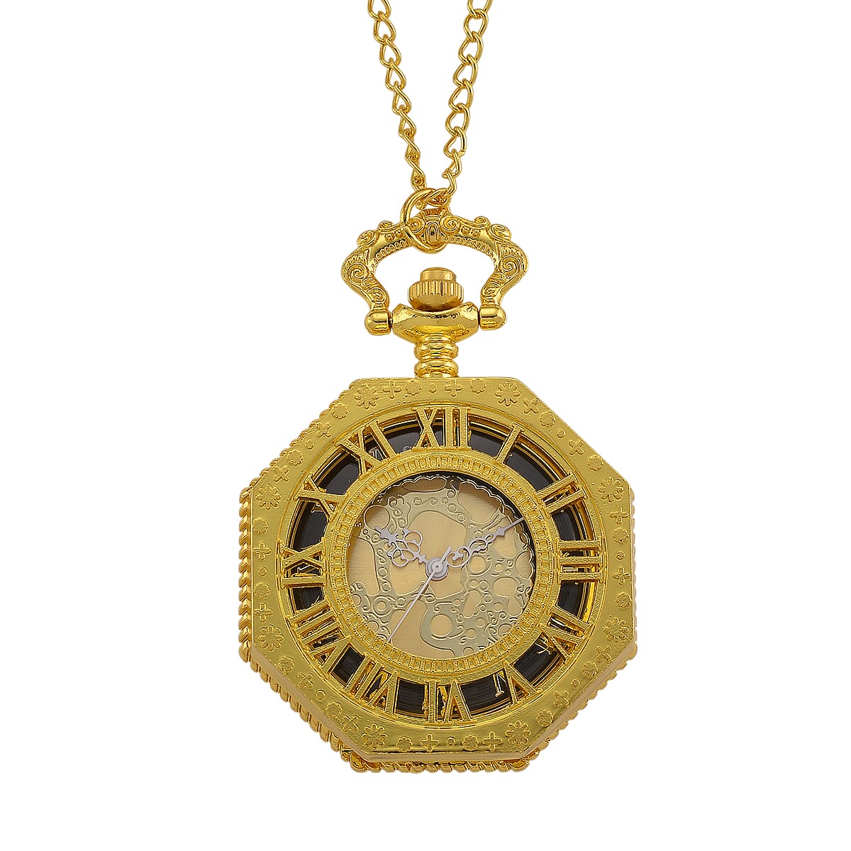 Strada Japanese Movement Roman Numeral Pocket Watch with Chain (36 Inches) in Goldtone image number 2