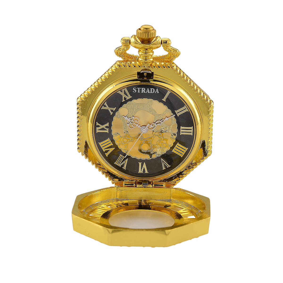 Strada Japanese Movement Roman Numeral Pocket Watch with Chain (36 Inches) in Goldtone image number 5