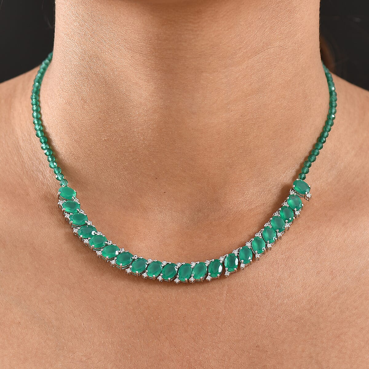 EverTrue Verde Onyx and White Zircon 31.65 ctw Necklace in Platinum Bond 18-20 Inches image number 2