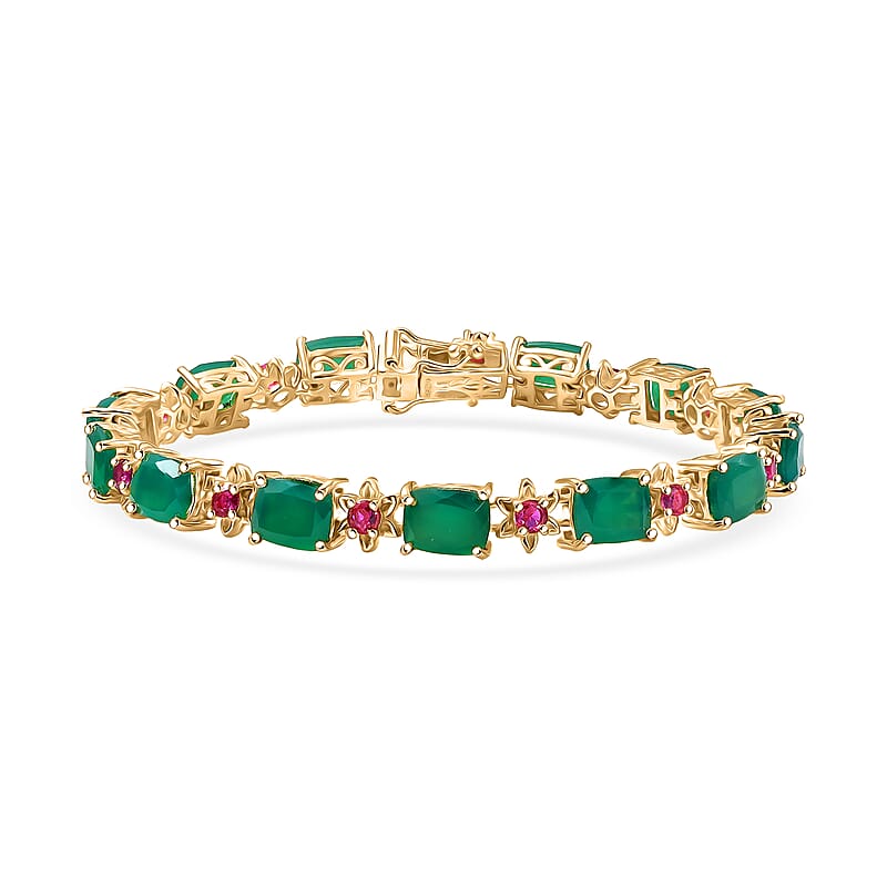 EverTrue Verde Onyx and Lab Created Ruby 19.20 ctw Bloom Link Bracelet in 18K Yellow Gold Plated (7.25 In)