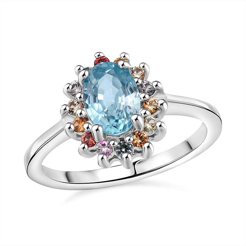 D'Joy Premium Cambodian Blue Zircon and Multi Sapphire 1.50 ctw Royal Bloom Ring in Rhodium Over Sterling Silver (Size 10.0) 