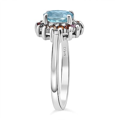 D'Joy Premium Cambodian Blue Zircon and Multi Sapphire 1.50 ctw Royal Bloom Ring in Rhodium Over Sterling Silver (Size 10.0) 