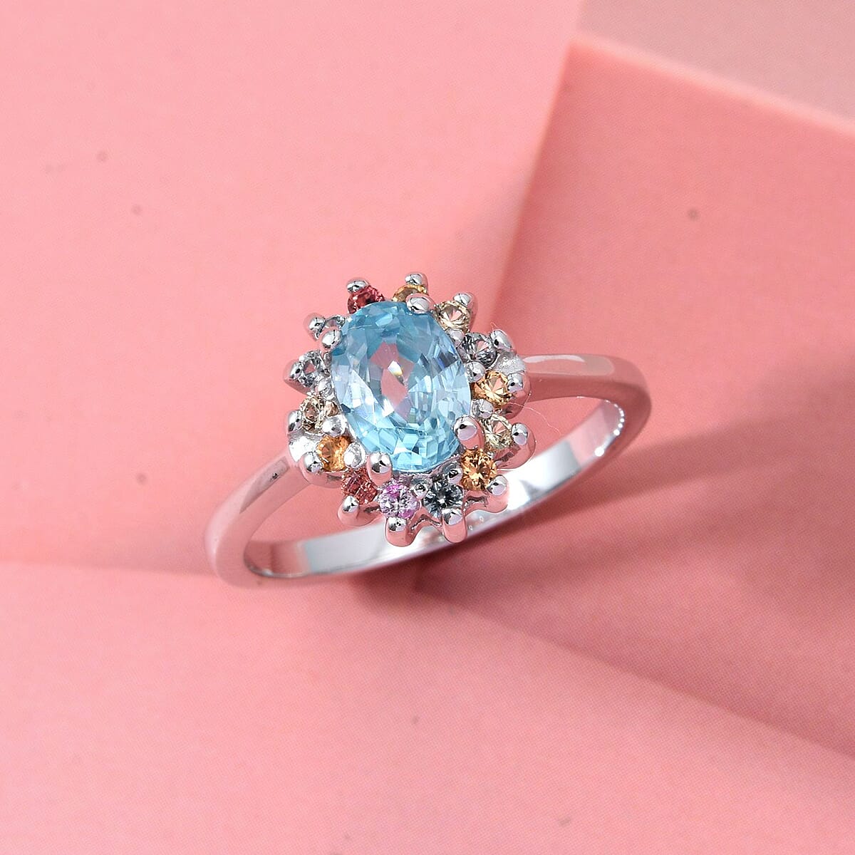 D'Joy Premium Cambodian Blue Zircon and Multi Sapphire 1.50 ctw Royal Bloom Ring in Rhodium Over Sterling Silver (Size 6.0)  image number 1