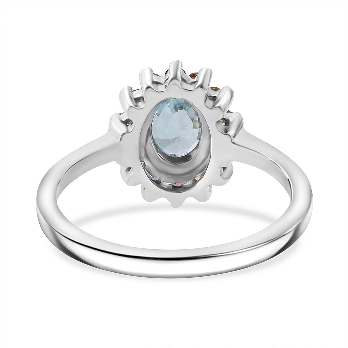 D'Joy Premium Cambodian Blue Zircon and Multi Sapphire 1.50 ctw Royal Bloom Ring in Rhodium Over Sterling Silver (Size 6.0)  image number 4