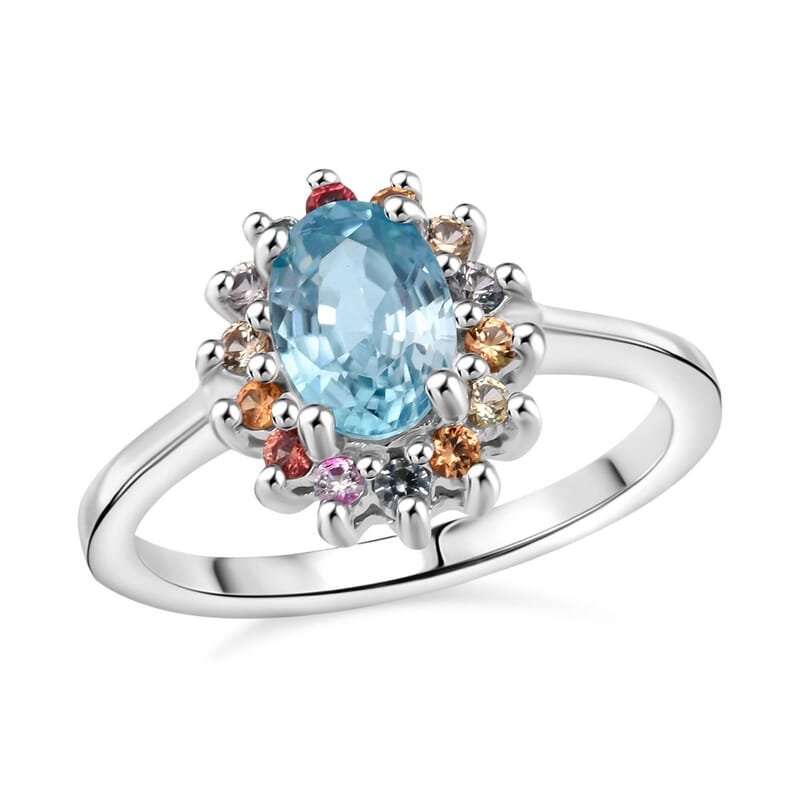D'Joy Premium Cambodian Blue Zircon and Multi Sapphire 1.50 ctw Royal Bloom Ring in Rhodium Over Sterling Silver (Size 9.0)