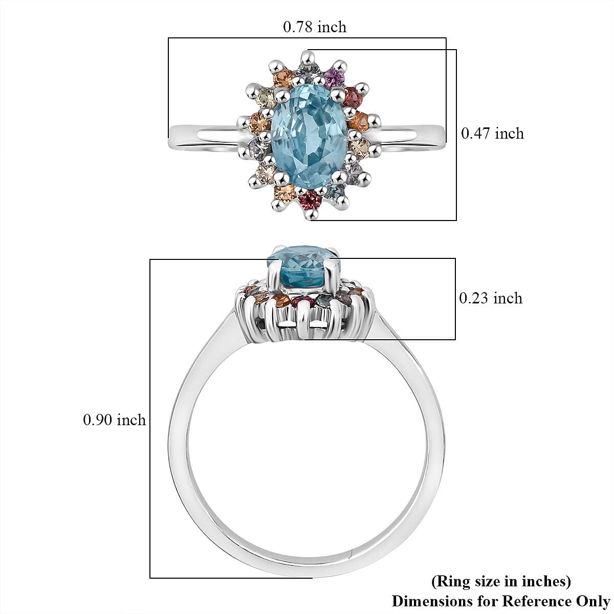 D'Joy Premium Cambodian Blue Zircon and Multi Sapphire 1.50 ctw Royal Bloom Ring in Rhodium Over Sterling Silver (Size 9.0)