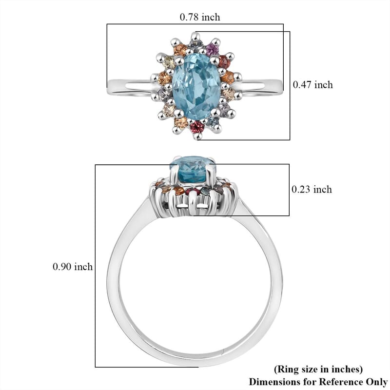 D'Joy Premium Cambodian Blue Zircon and Multi Sapphire 1.50 ctw Royal Bloom Ring in Rhodium Over Sterling Silver (Size 9.0)