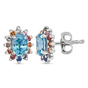 D'Joy Premium Cambodian Blue Zircon and Multi Sapphire 1.85 ctw Royal Bloom Earrings in Rhodium Over Sterling Silver 
