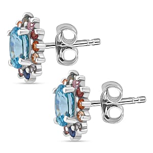 D'Joy Premium Cambodian Blue Zircon and Multi Sapphire 1.85 ctw Royal Bloom Earrings in Rhodium Over Sterling Silver 