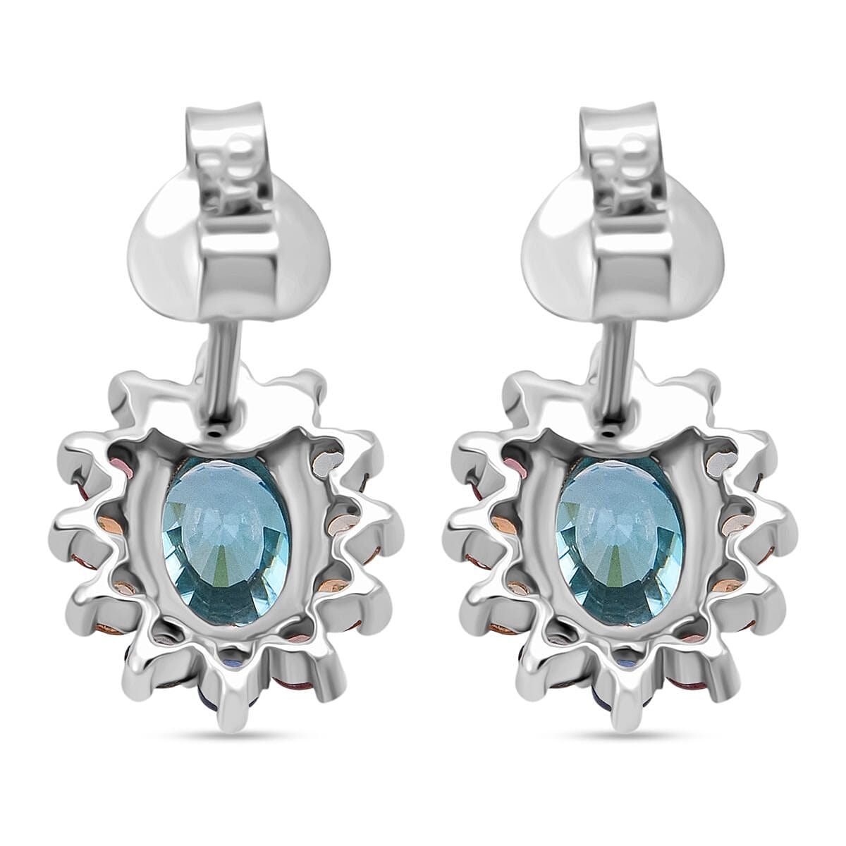 D'Joy Premium Cambodian Blue Zircon and Multi Sapphire 1.85 ctw Royal Bloom Earrings in Rhodium Over Sterling Silver  image number 4