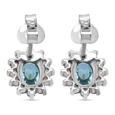 D'Joy Premium Cambodian Blue Zircon and Multi Sapphire 1.85 ctw Royal Bloom Earrings in Rhodium Over Sterling Silver 