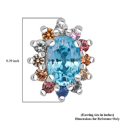 D'Joy Premium Cambodian Blue Zircon and Multi Sapphire 1.85 ctw Royal Bloom Earrings in Rhodium Over Sterling Silver 