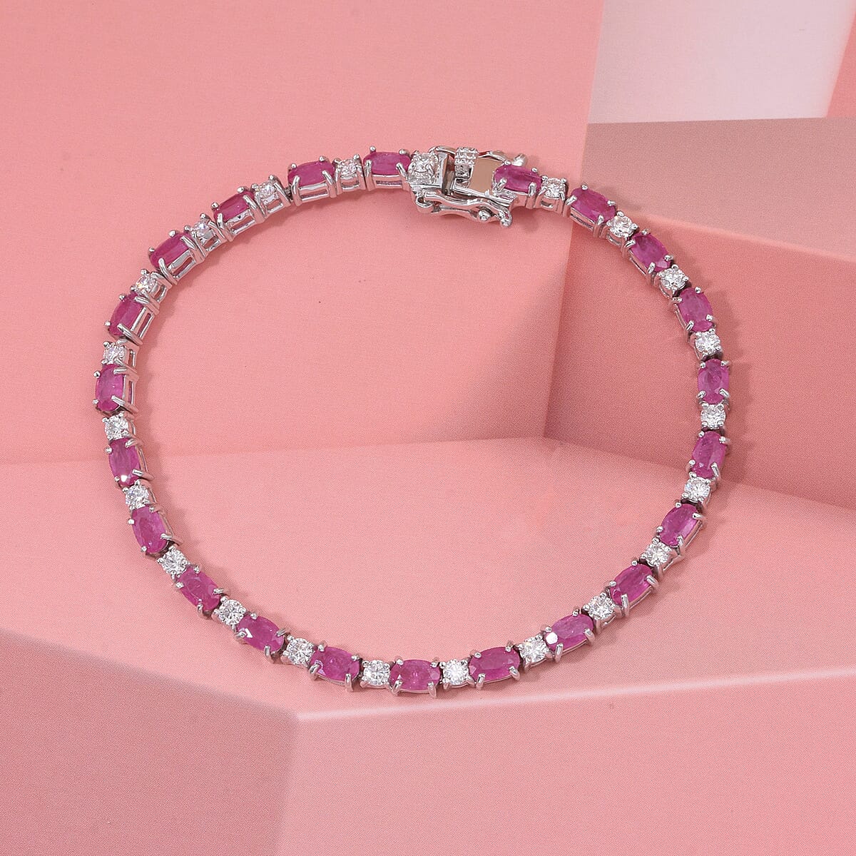 D'Joy Mozambique Ruby and Moissanite 6.85 ctw Royal Line Bracelet in Rhodium Over Sterling Silver (6.50 In) (Del. In 8-10 Days) image number 1