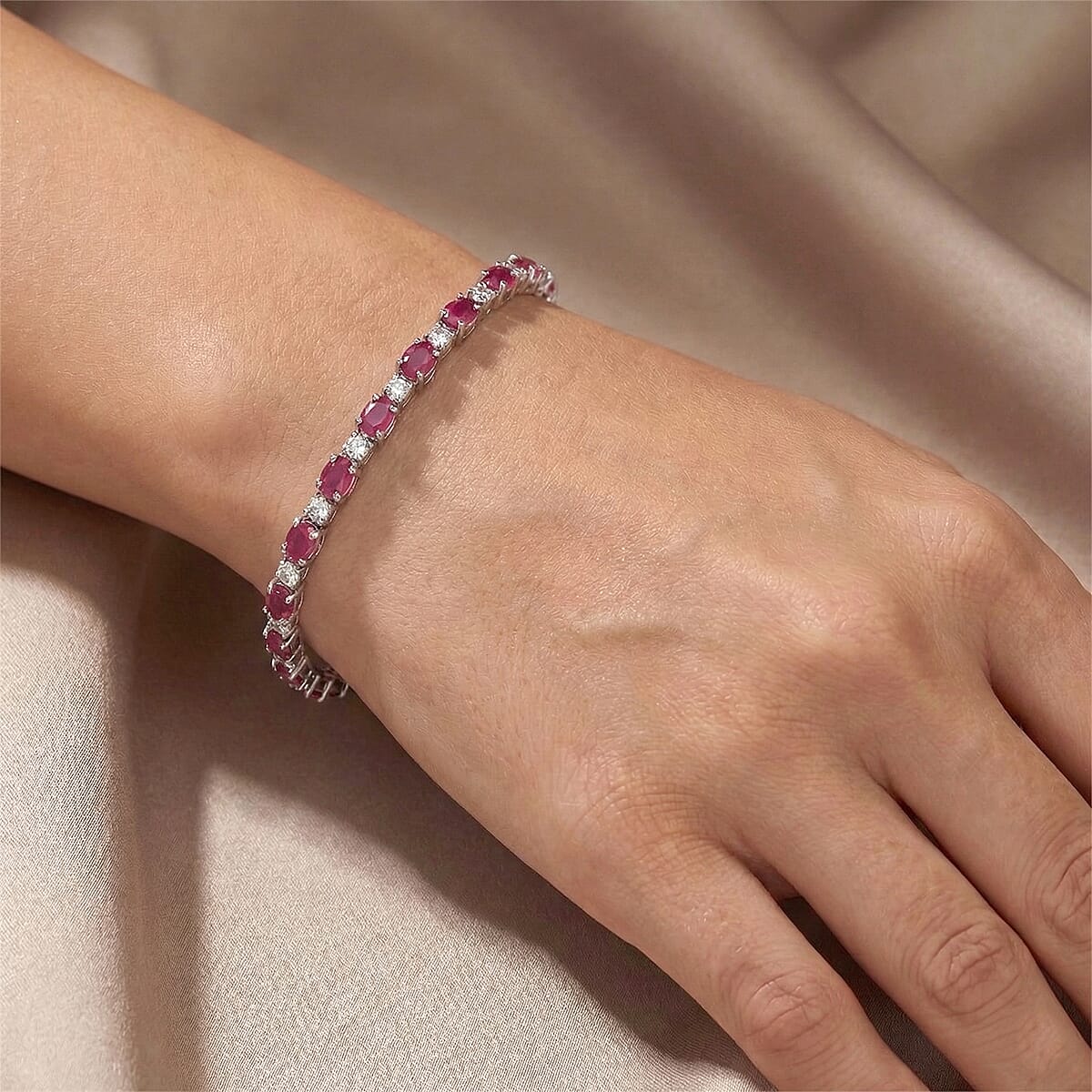 D'Joy Mozambique Ruby and Moissanite 6.85 ctw Royal Line Bracelet in Rhodium Over Sterling Silver (6.50 In) (Del. In 8-10 Days) image number 2
