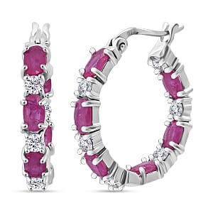 D'Joy Montepuez Ruby and Moissanite 4.25 ctw Royal Line Hoop Earrings in Rhodium Over Sterling Silver 