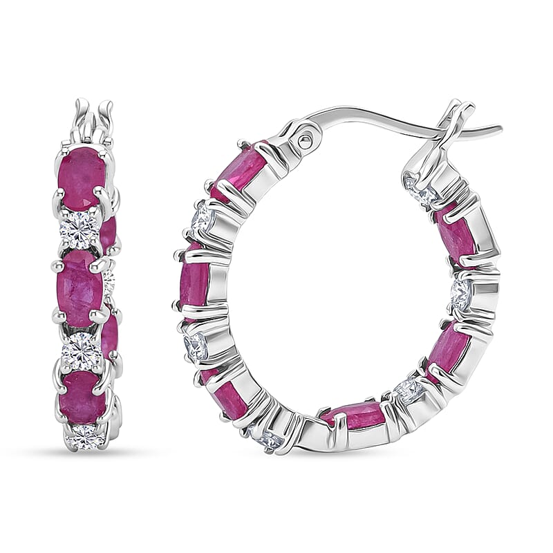 D'Joy Montepuez Ruby and Moissanite 4.25 ctw Royal Line Hoop Earrings in Rhodium Over Sterling Silver