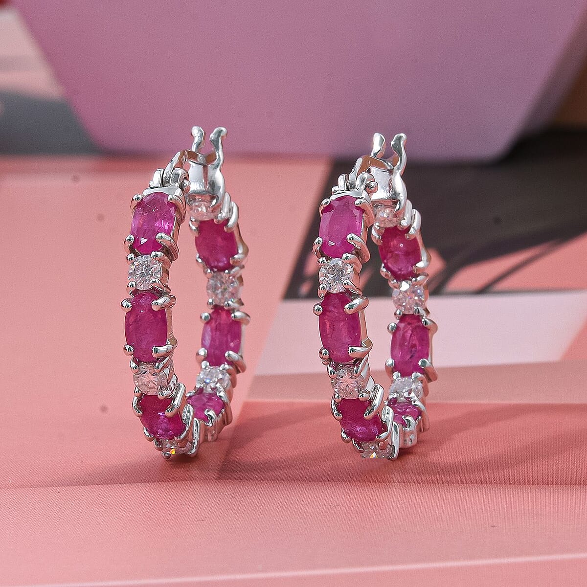 D'Joy Montepuez Ruby and Moissanite 4.25 ctw Royal Line Hoop Earrings in Rhodium Over Sterling Silver  image number 1