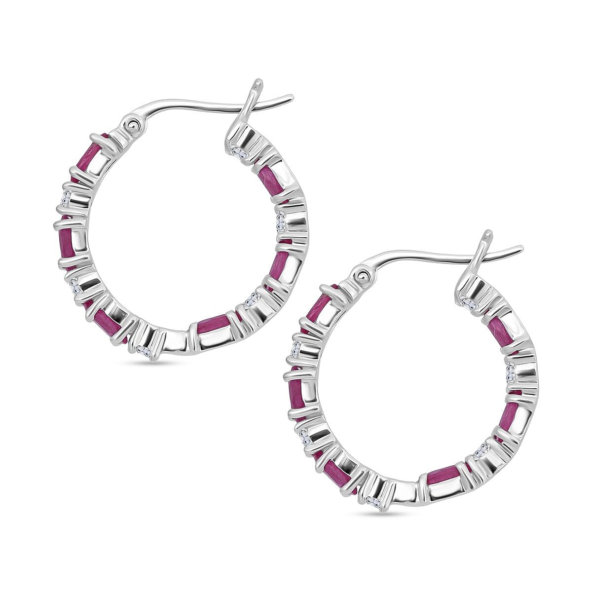 D'Joy Montepuez Ruby and Moissanite 4.25 ctw Royal Line Hoop Earrings in Rhodium Over Sterling Silver  image number 3