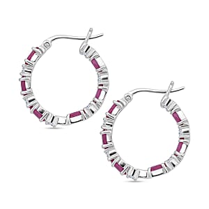 D'Joy Montepuez Ruby and Moissanite 4.25 ctw Royal Line Hoop Earrings in Rhodium Over Sterling Silver 