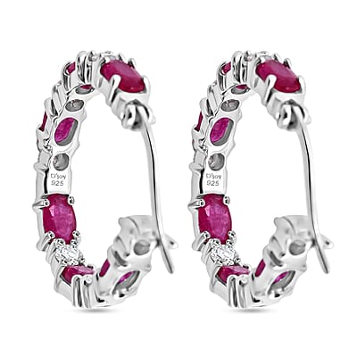 D'Joy Montepuez Ruby and Moissanite 4.25 ctw Royal Line Hoop Earrings in Rhodium Over Sterling Silver