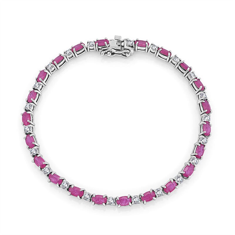 D'Joy Montepuez Ruby and Moissanite 7.50 ctw Royal Line Bracelet in Rhodium Over Sterling Silver (7.25 In)