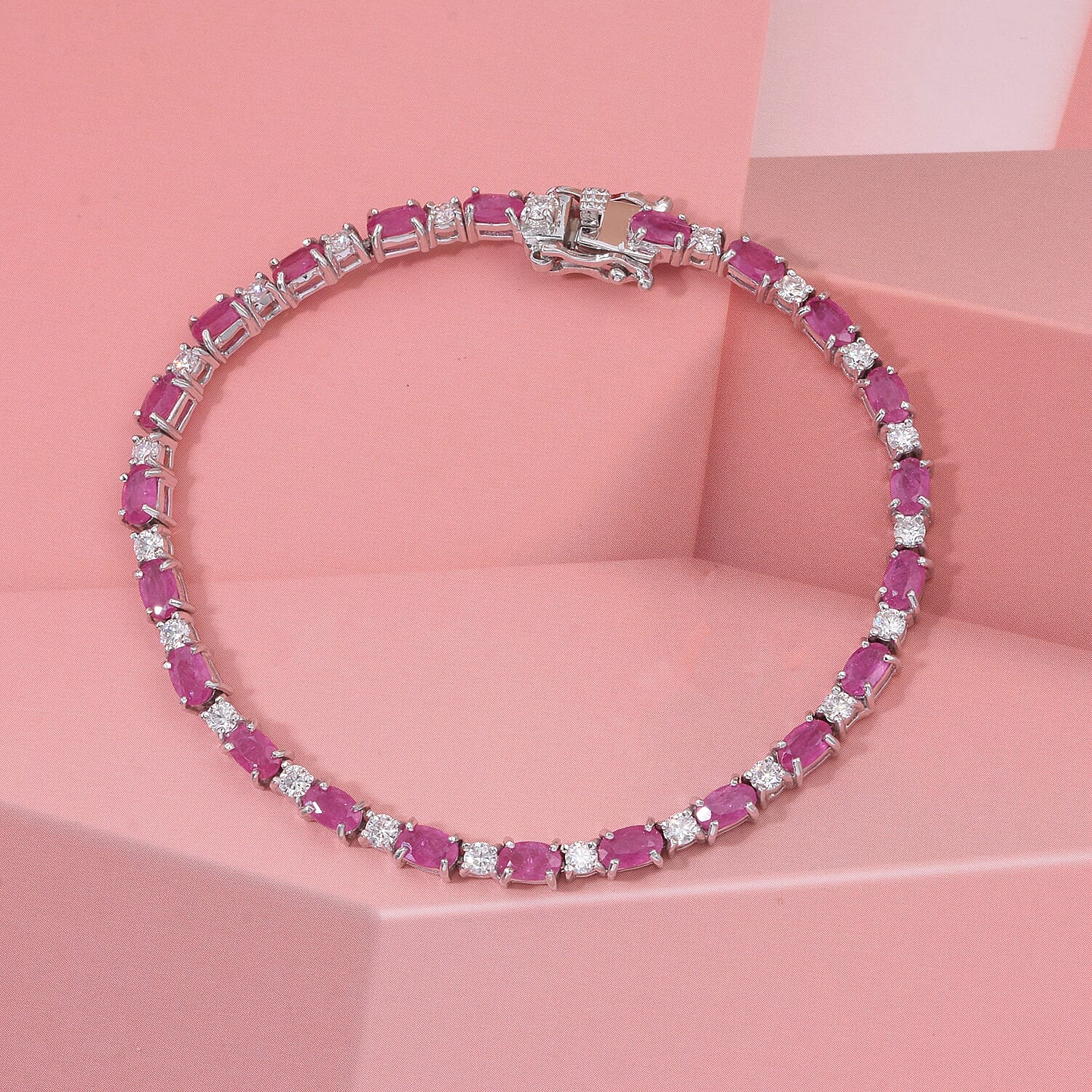 D'Joy Montepuez Ruby and Moissanite 7.50 ctw Royal Line Bracelet in Rhodium Over Sterling Silver (7.25 In)