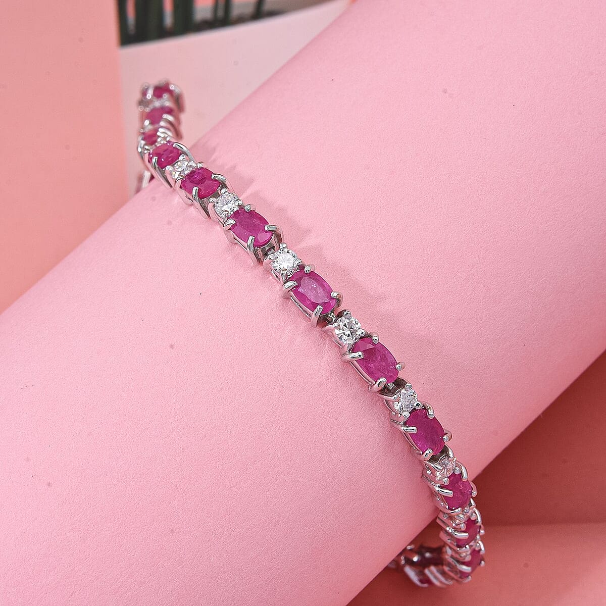 D'Joy Mozambique Ruby and Moissanite 7.50 ctw Bracelet in Rhodium Over Sterling Silver (7.25 In) image number 1