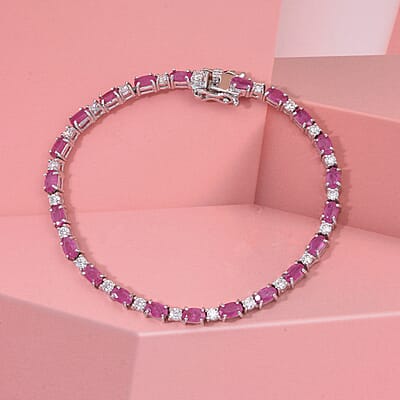 D'Joy Montepuez Ruby and Moissanite 7.50 ctw Royal Line Bracelet in Rhodium Over Sterling Silver (7.25 In)