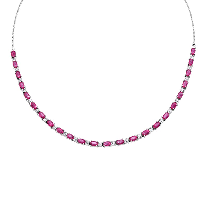 D'Joy Montepuez Ruby and Moissanite 9.40 ctw Royal Line Necklace 18 Inches in Rhodium Over Sterling Silver
