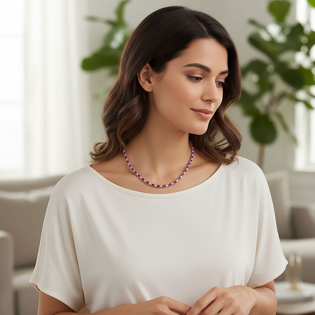 D'Joy Mozambique Ruby and Moissanite 9.40 ctw Necklace 18 Inches in Rhodium Over Sterling Silver image number 2