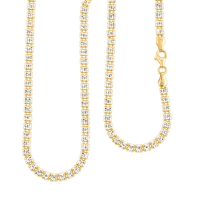 Italian Diamond Cut ICE Round Chain 2-Row Necklace in 14K YG and Rhodium Over Sterling Silver 14.14 Grams 20 Inches