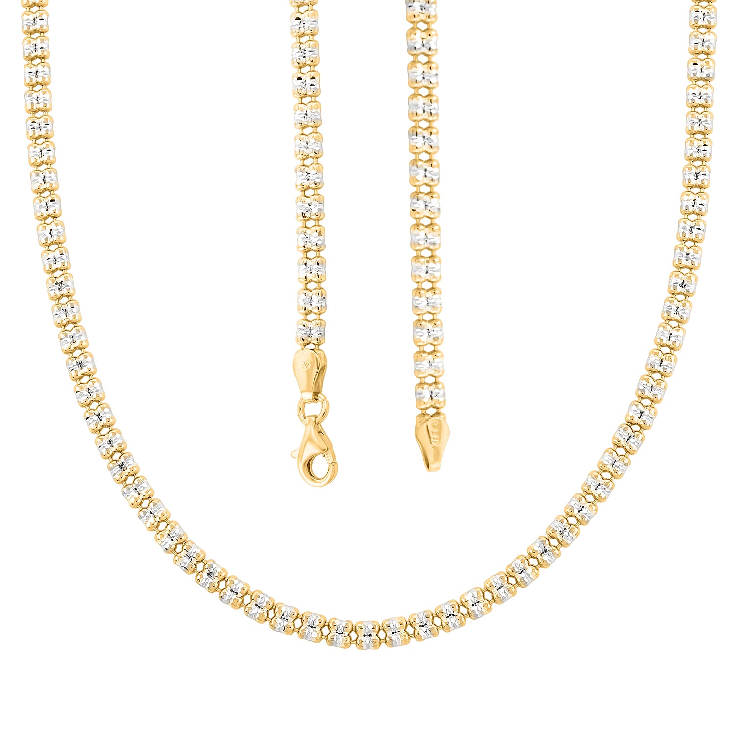 Italian Diamond Cut ICE Round Chain 2-Row Necklace in 14K YG and Rhodium Over Sterling Silver 14.14 Grams 20 Inches