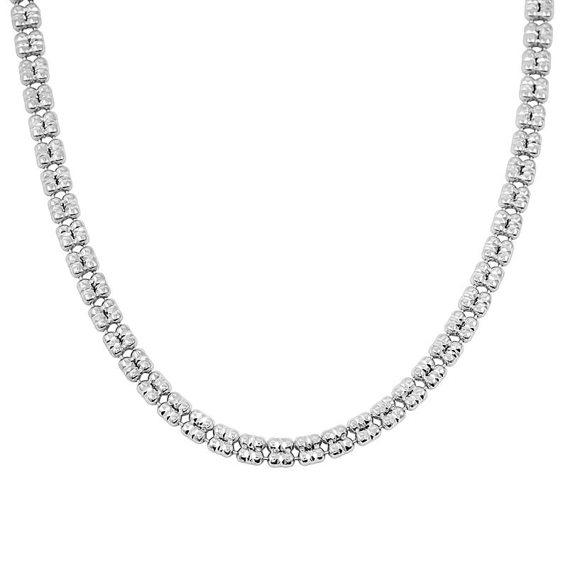 Italian Diamond Cut ICE Round 2 Row Chain Necklace in Rhodium Over Sterling Silver 14.7 Grams 20 Inches