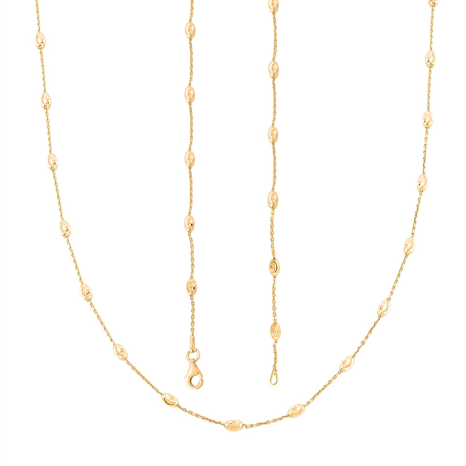 Italian 3mm Moon Cut Oval Bead Chain Necklace in 14K Yellow Gold Over Sterling Silver 5 Grams 24 Inches