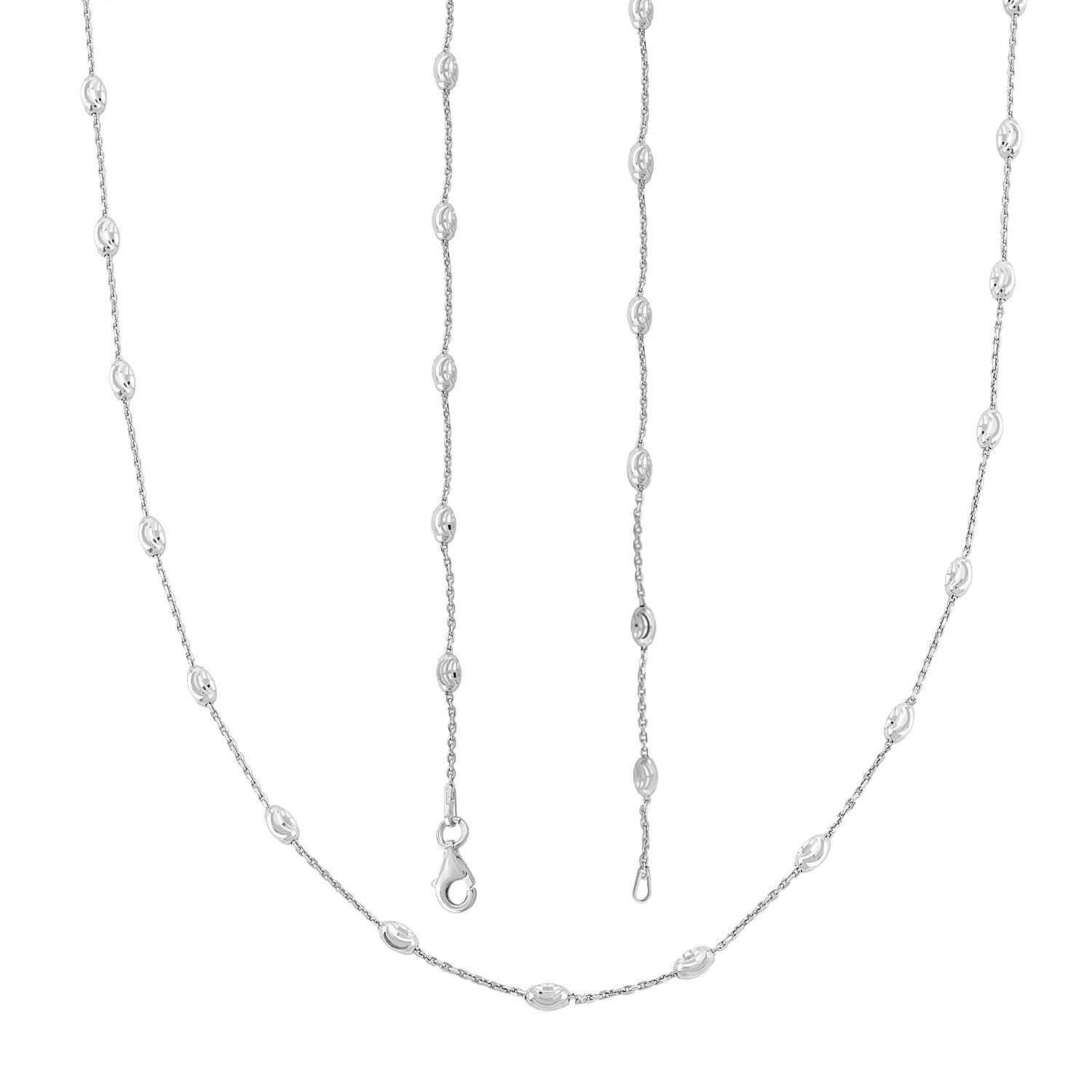 Italian 4mm Moon Cut Oval Beaded Necklace in Rhodium Over Sterling Silver 5.06 Grams 26 Inches