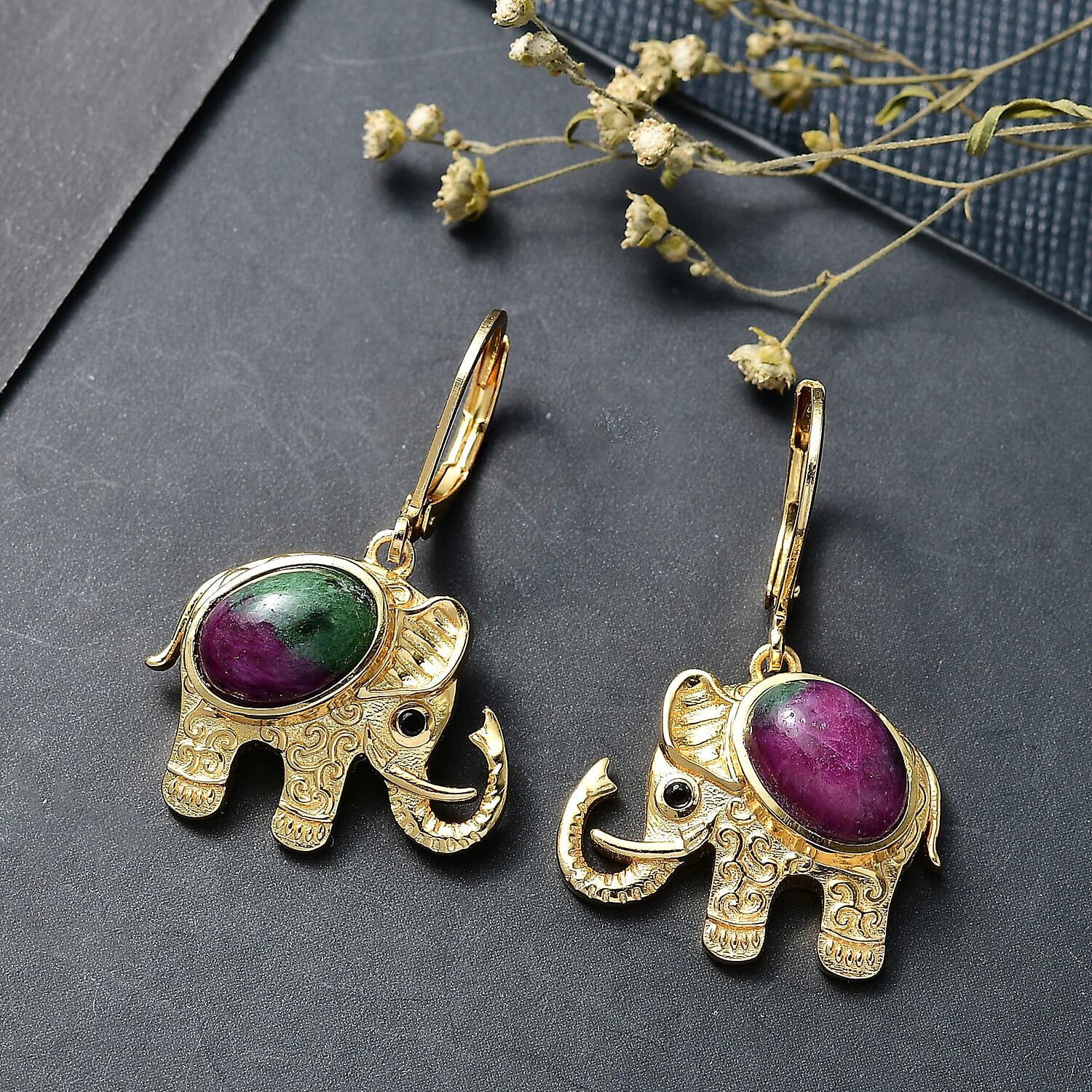 EverTrue Ruby Zoisite and Thai Black Spinel 6.50 ctw Earrings in 18K YG Plated 