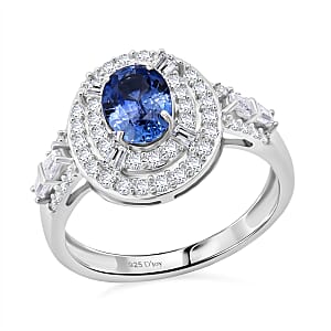 D'Joy Premium Ceylon Blue Sapphire and Moissanite 1.60 ctw Celestial Halo Ring in Rhodium Over Sterling Silver (Size 10.0)