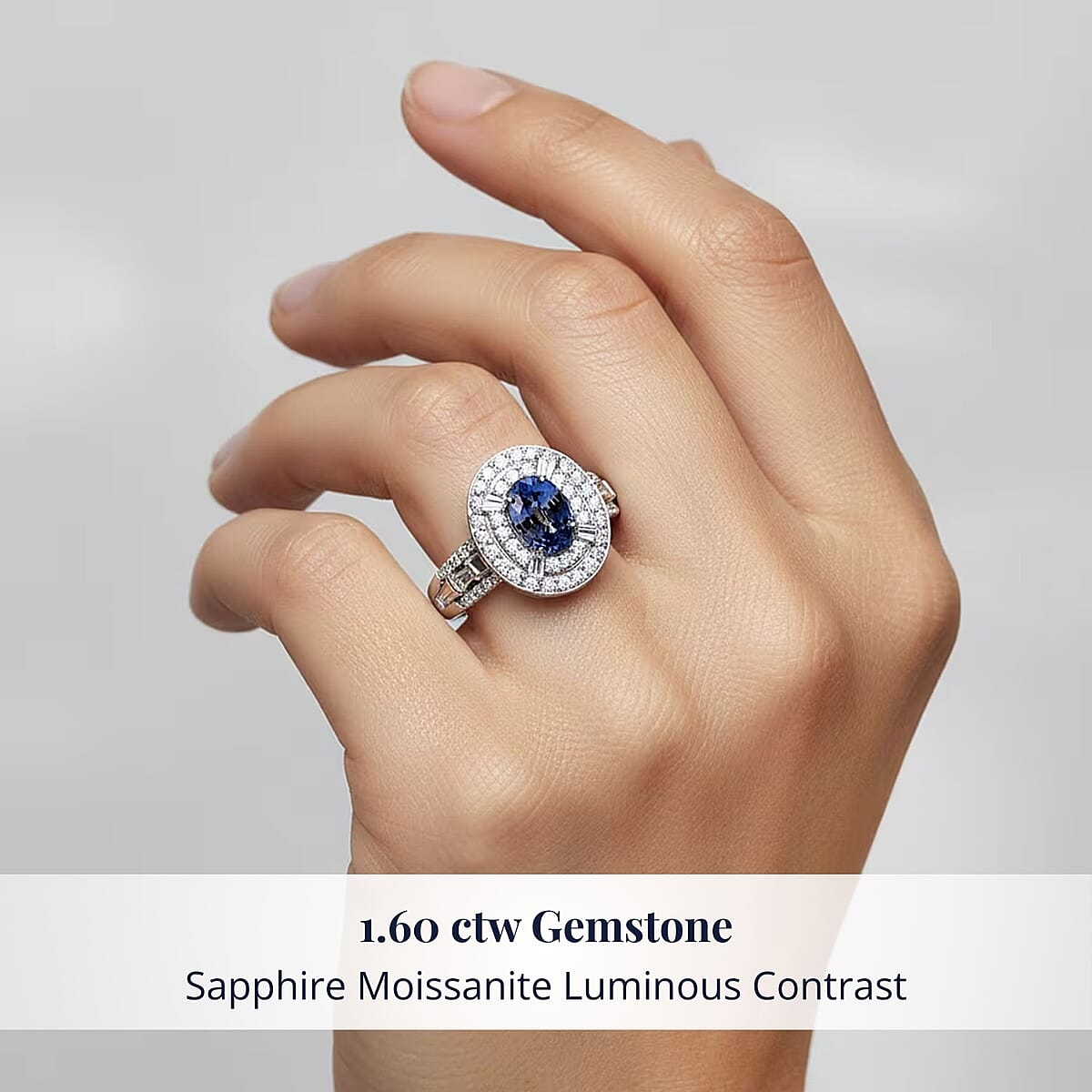 D'Joy Premium Ceylon Blue Sapphire and Moissanite 1.60 ctw Celestial Halo Ring in Rhodium Over Sterling Silver (Size 10.0) image number 1