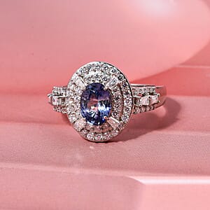 D'Joy Premium Ceylon Blue Sapphire and Moissanite 1.60 ctw Celestial Halo Ring in Rhodium Over Sterling Silver (Size 10.0)