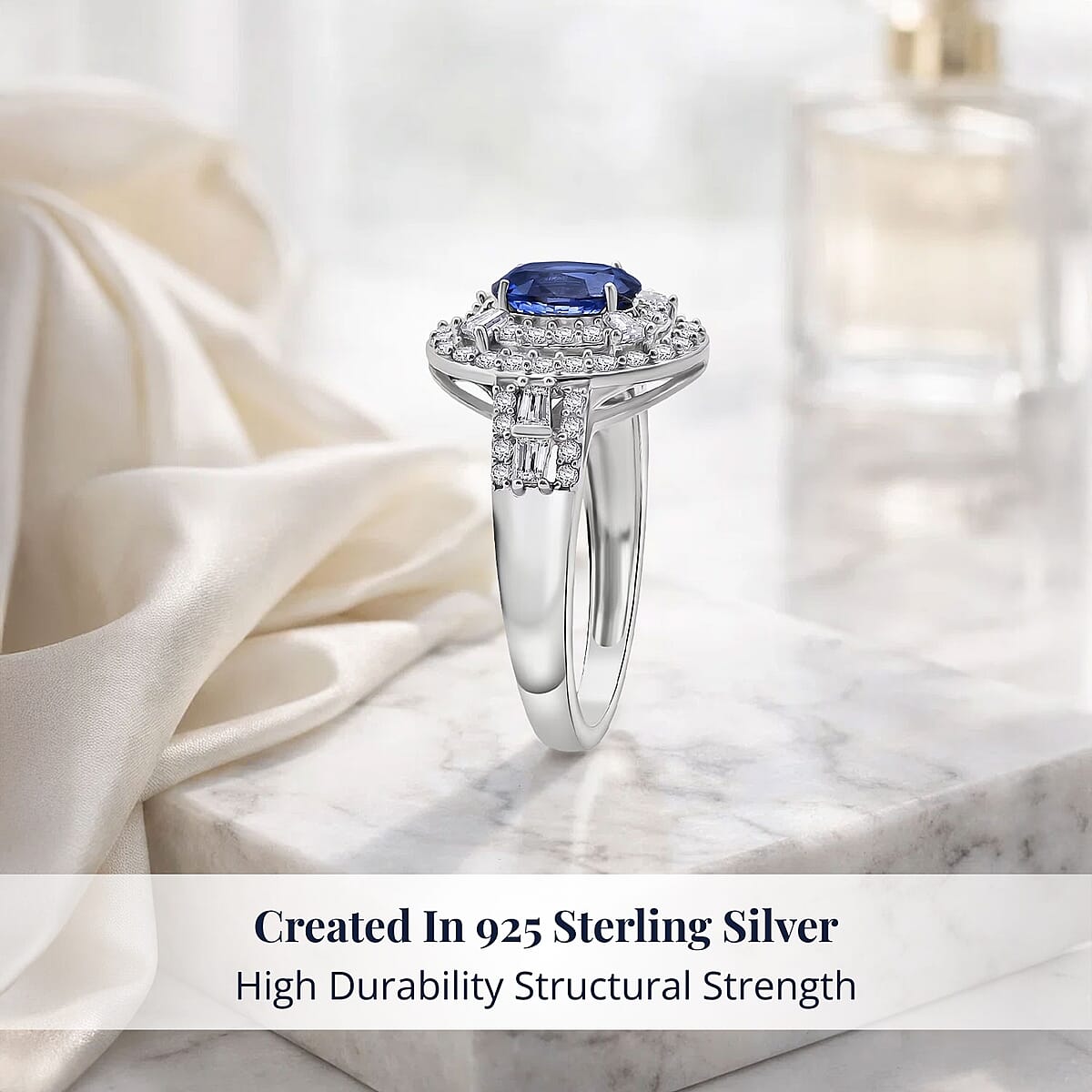 D'Joy Premium Ceylon Blue Sapphire and Moissanite 1.60 ctw Celestial Halo Ring in Rhodium Over Sterling Silver (Size 10.0) image number 2