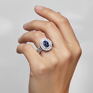 D'Joy Premium Ceylon Blue Sapphire and Moissanite 1.60 ctw Celestial Halo Ring in Rhodium Over Sterling Silver (Size 10.0)