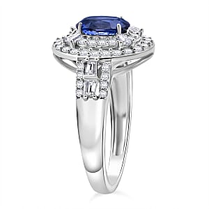 D'Joy Premium Ceylon Blue Sapphire and Moissanite 1.60 ctw Celestial Halo Ring in Rhodium Over Sterling Silver (Size 10.0)
