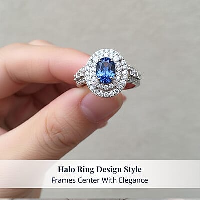 D'Joy Premium Ceylon Blue Sapphire and Moissanite 1.60 ctw Celestial Halo Ring in Rhodium Over Sterling Silver (Size 10.0)