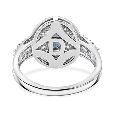 D'Joy Premium Ceylon Blue Sapphire and Moissanite 1.60 ctw Celestial Halo Ring in Rhodium Over Sterling Silver (Size 10.0)