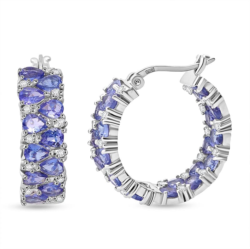 D'Joy Tanzanite and White Zircon 7.00 ctw Royal Cascade Hoop Earrings in Rhodium Over Sterling Silver