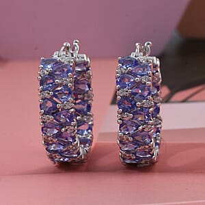 D'Joy Tanzanite and White Zircon 7.00 ctw Royal Cascade Hoop Earrings in Rhodium Over Sterling Silver
