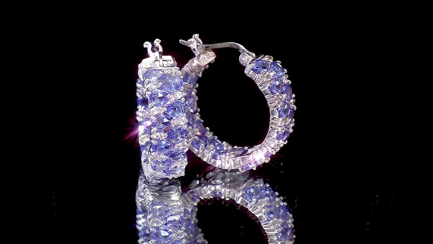 D'Joy Tanzanite and White Zircon 7.00 ctw Royal Cascade Hoop Earrings in Rhodium Over Sterling Silver
