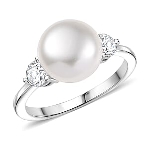 D'Joy Freshwater Pearl and Moissanite 0.50 ctw Ring in Rhodium Over Sterling Silver (Size 10.0)