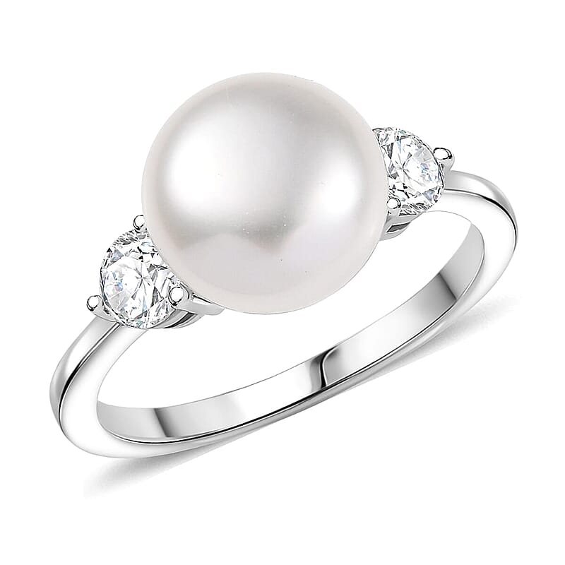 D'Joy Freshwater Pearl, Moissanite Ring in Rhodium Over Sterling Silver 0.50 ctw (Size 10.0)