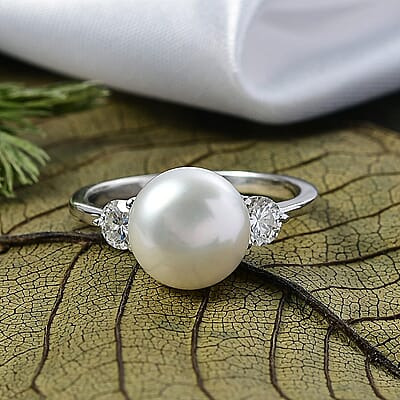 D'Joy Freshwater Pearl, Moissanite Ring in Rhodium Over Sterling Silver 0.50 ctw (Size 10.0)